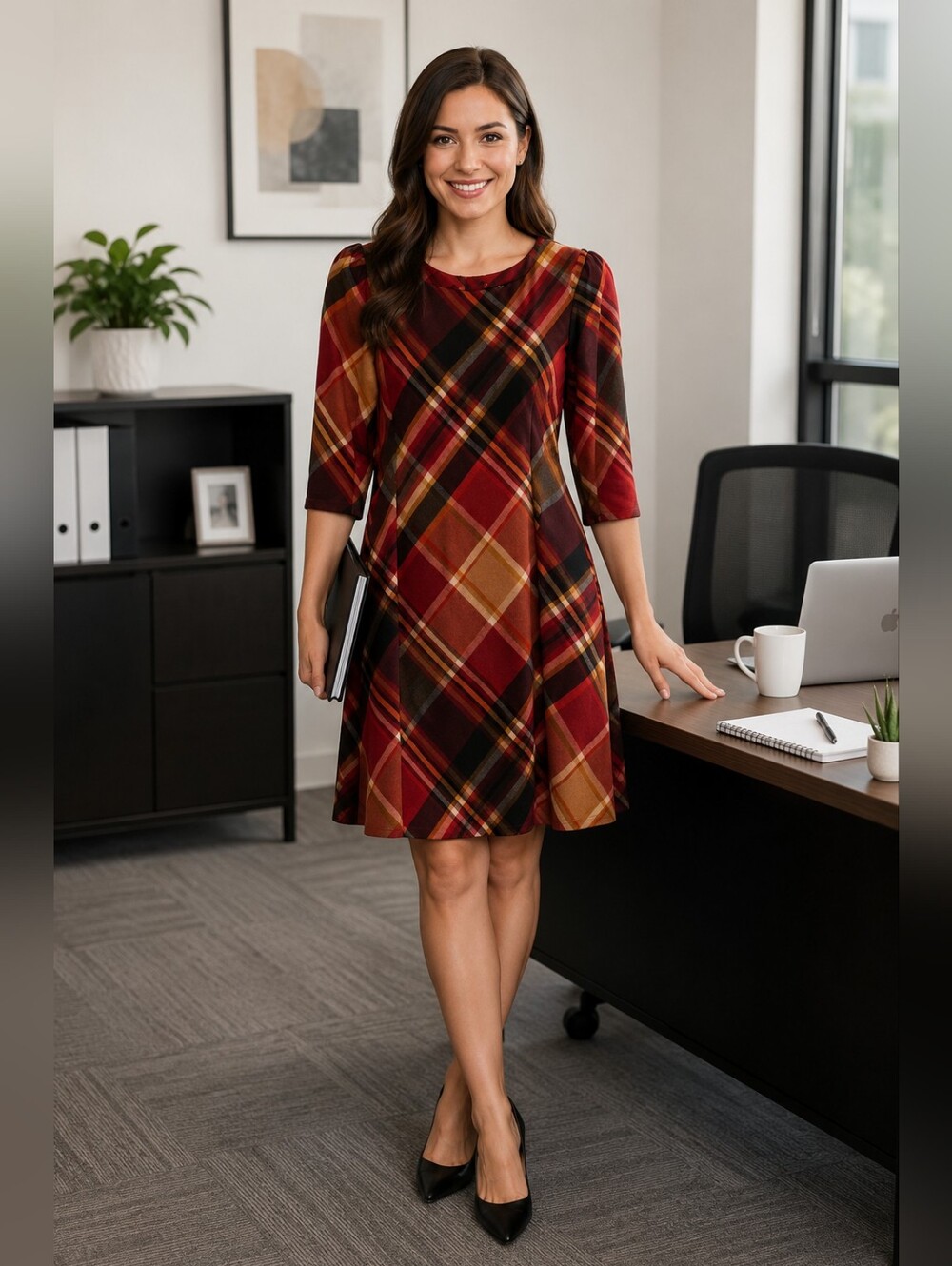 Jessica Howard Women's 3/4 Sleeve Plaid Office Dress